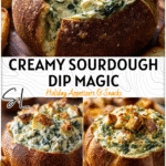 Close-up of creamy Spinach Artichoke Dip In Sourdough Bowl with toasted bread pieces ready for dipping.